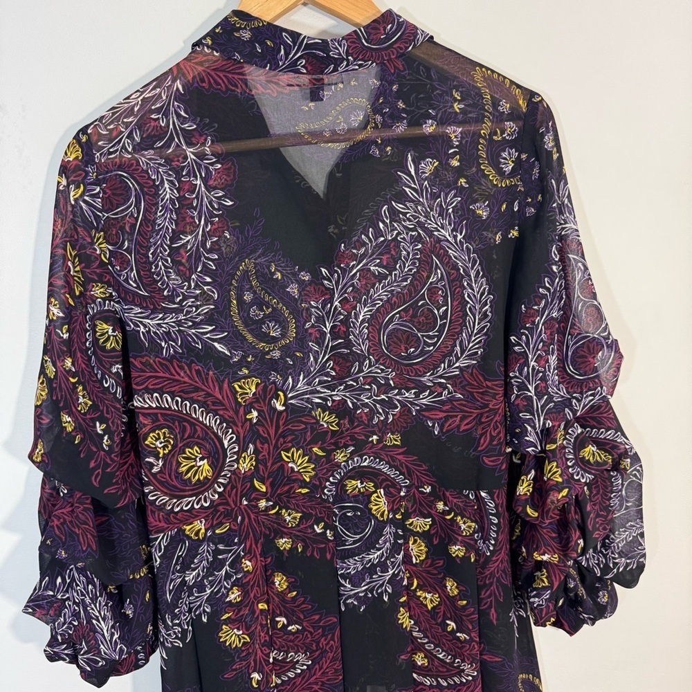 Melanie Lyne Puff Sleeve Blouse 4 Dark Paisley Floral Longline Button Up Shirt - Picture 7 of 11
